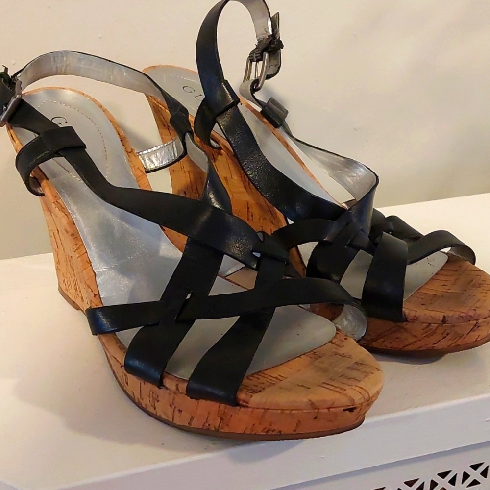 Black Guess Strappy Cork Wedges